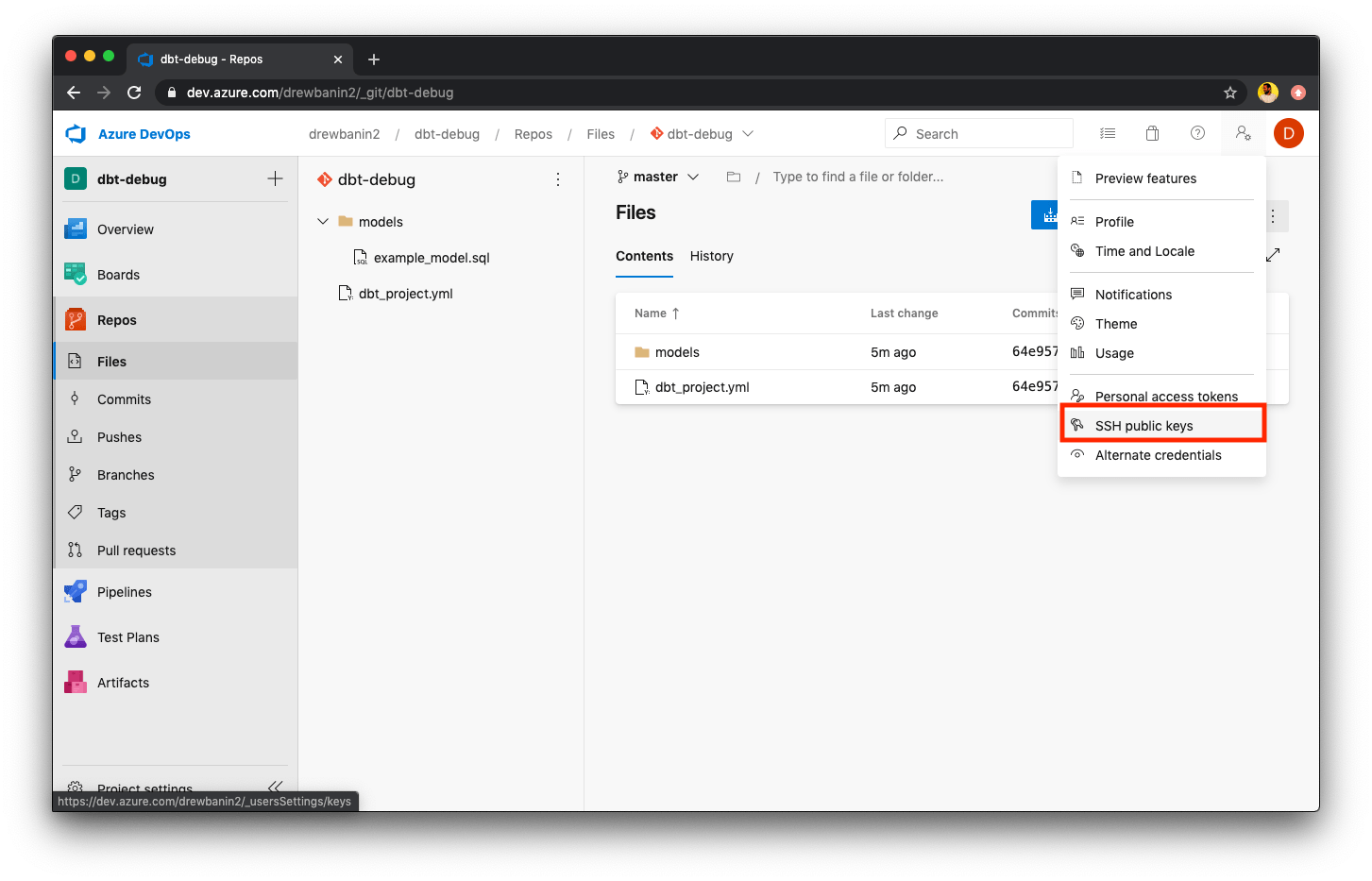 Navigate to the 'SSH public keys' settings page Navigate to the 'SSH public keys' settings page